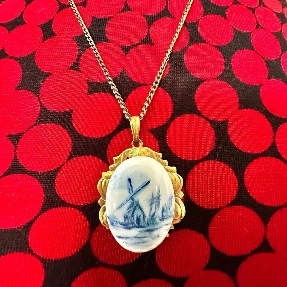 Vintage blue and white windmill pendant necklace